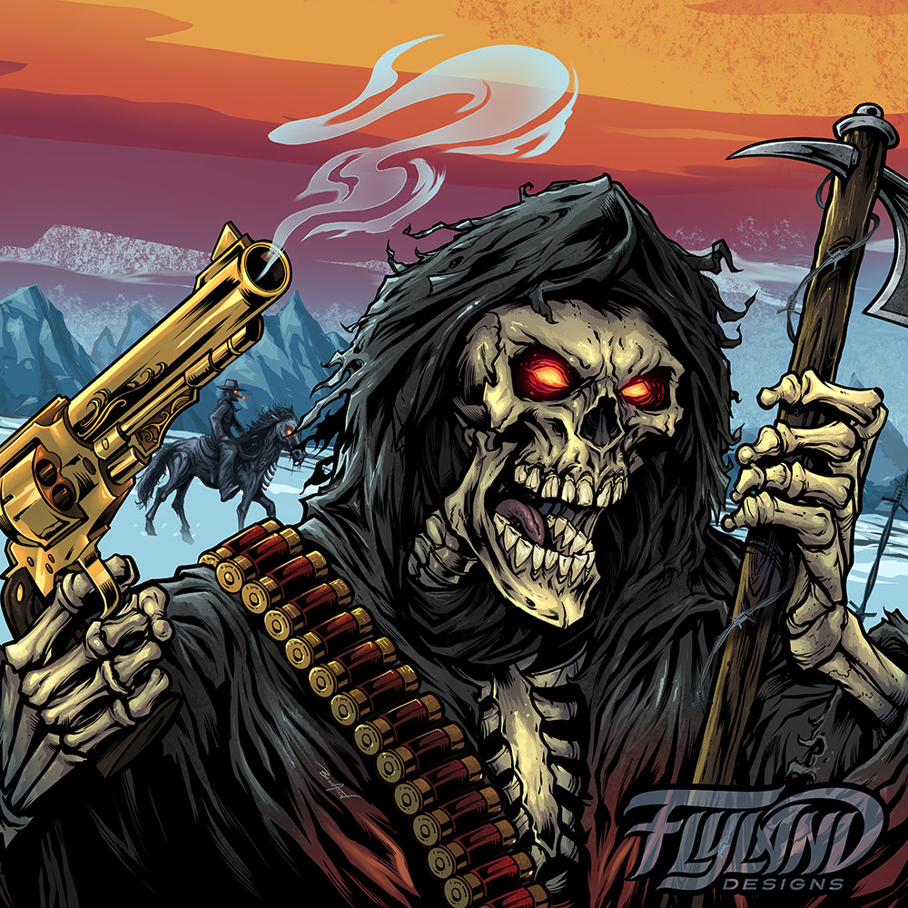 Evil grim reaper with guns.