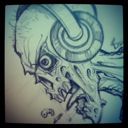 Rough pencil sketch of a zombie wearing headphones.#zombie # ...